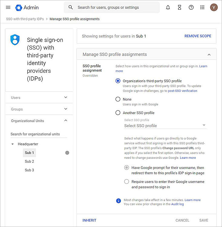 Screenshot of Google Worksapce, assign organization's SSO profile